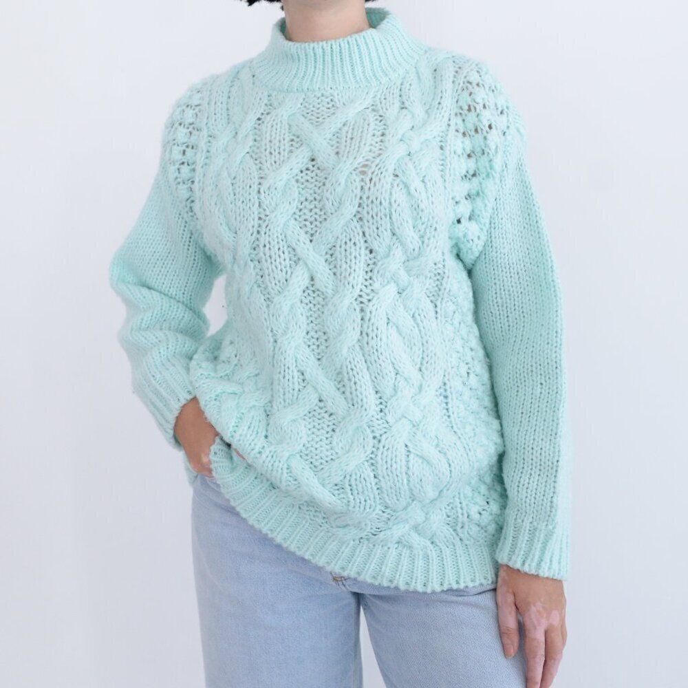 Vintage Heres A Hug Pastel Mint Cable Knit Mockneck Sweater M